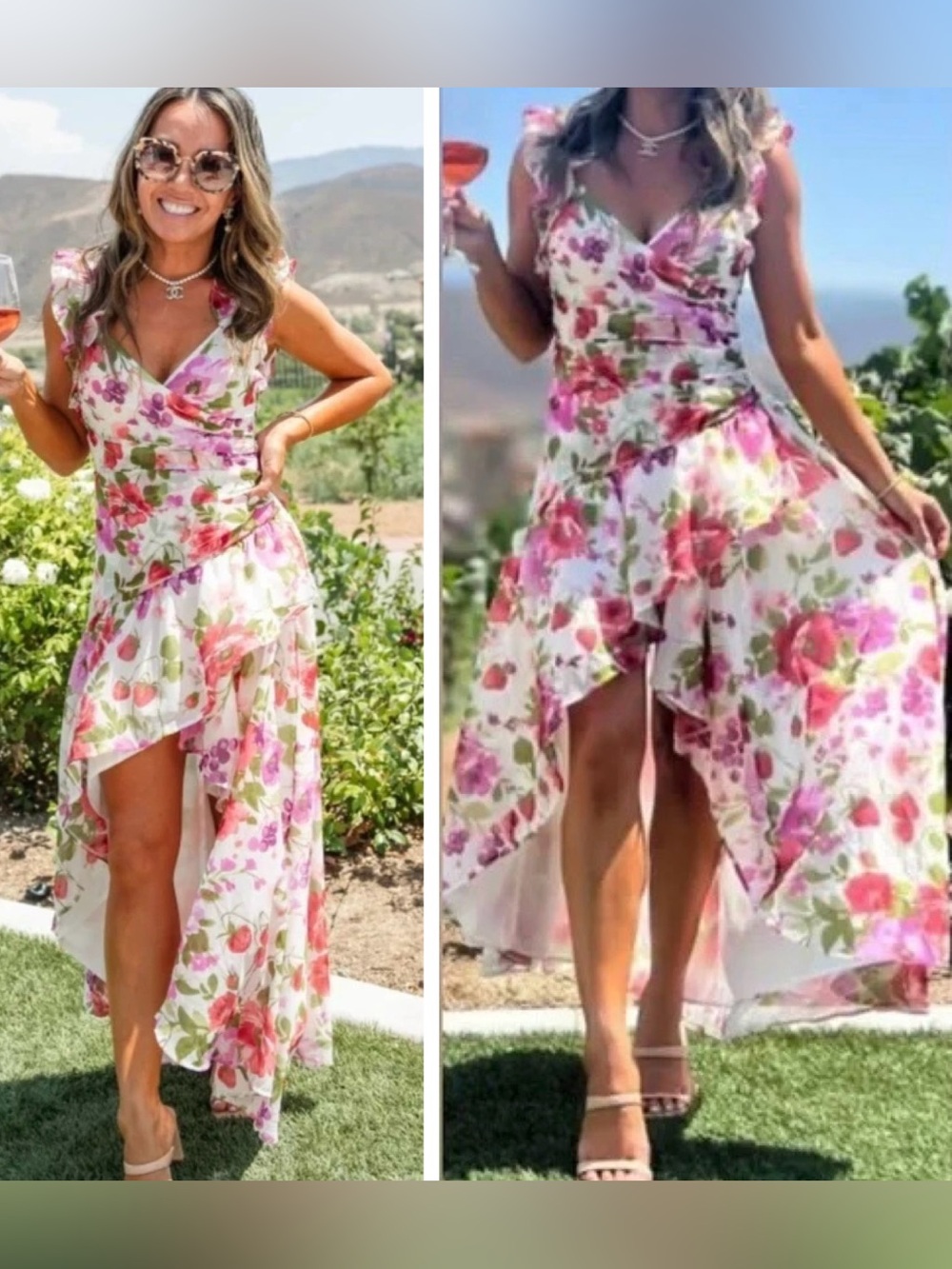 Abercrombie & Fitch Floral Garden Ruffle Strap High-Low Dress Pink Red White L